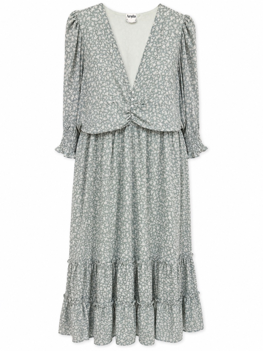 Arula Floral Maxi Dress Size C Sage Green Puff Sleeve Cottagecore Boho Lined